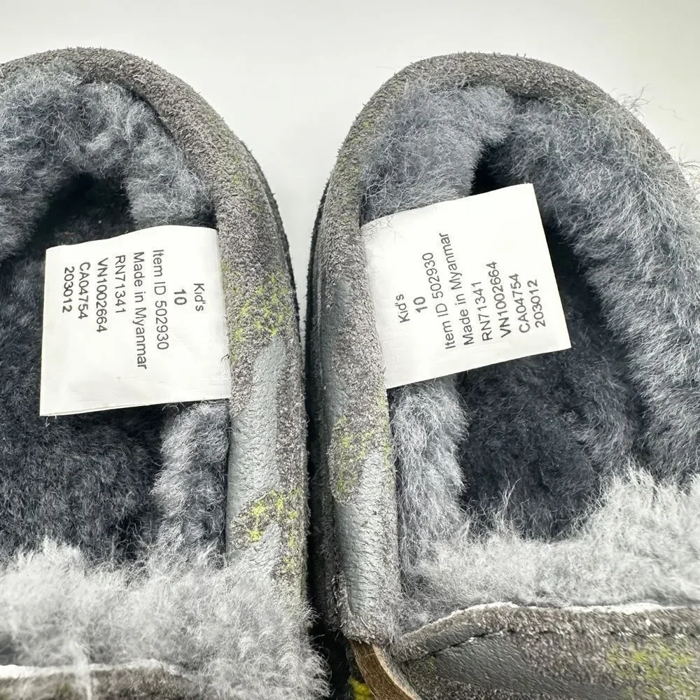 NWOT LL Bean Kids Wicked Good Gray Suede Shearling Moccasins Slippers, Size 10